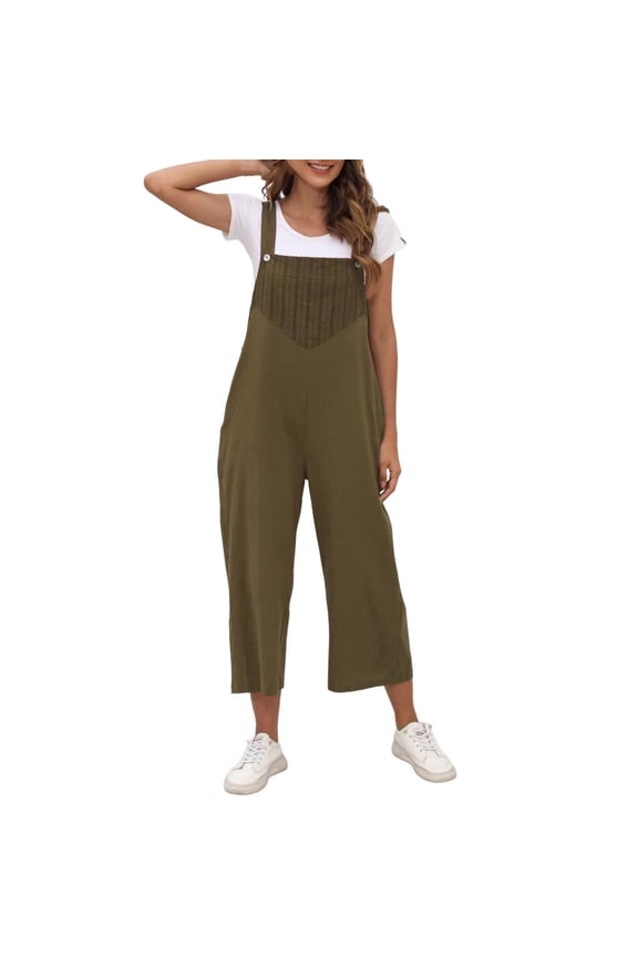 Plus Size Jumpsuit for Women Cotton Linen Wide Leg Overalls Loose Casual Baggy Solid Cute Rompers Capris Pants with Pockets