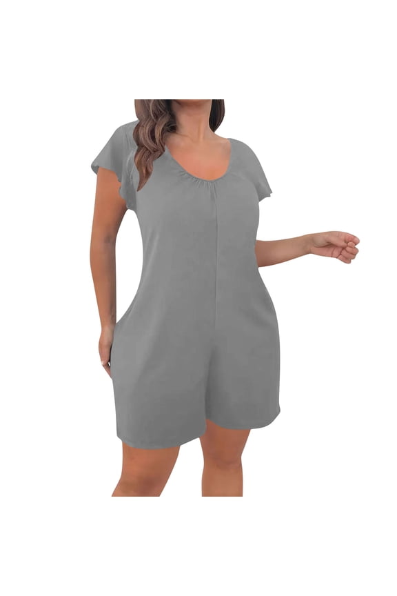 Plus Size Jumpsuit for Women Summer Casual Scoop Neck Cap Sleeve Solid Color Tunic Waist Elastic Wide Leg Baggy Short Rompers Gray L-5XL