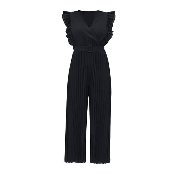Plus Size Jumpsuit for Women Summer Casual V Neck Ruffled High Belt Accordion Pleated Trouser Legs Sleeveless Solid Color Outfit