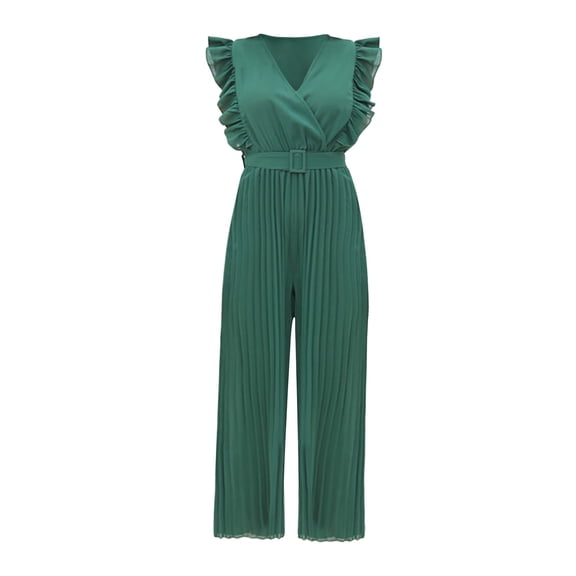 Plus Size Jumpsuit for Women Summer Casual V Neck Ruffled High Belt Accordion Pleated Trouser Legs Sleeveless Solid Color Outfit
