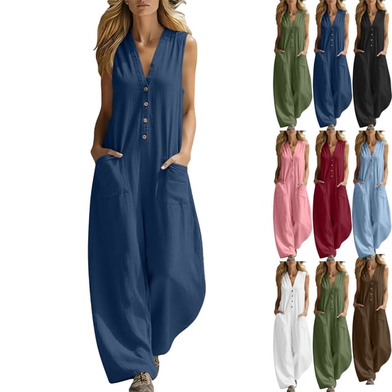 Plus Size Jumpsuit for Womens Fashion Casual Cotton and Linen Solid Color Sleeveless Jumpsuit