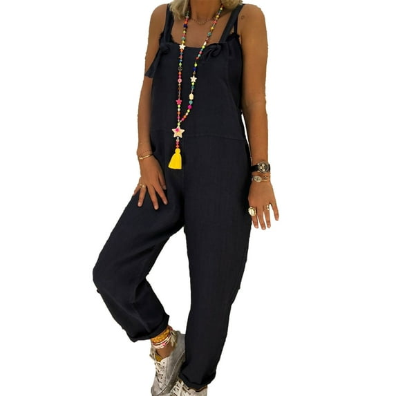 Plus Size Jumpsuits for Women 2023 Holiday Playsuit Summer Boho Spaghetti Straps Ruffle Sleeve High Waisted Long Wide Leg Rompers with Pockets Black S