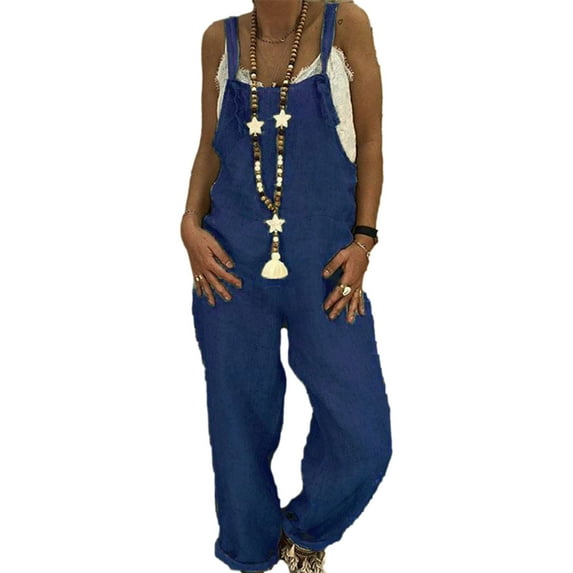 Plus Size Jumpsuits for Women 2023 Holiday Playsuit Summer Boho Spaghetti Straps Ruffle Sleeve High Waisted Long Wide Leg Rompers with Pockets Dark Blue XXL