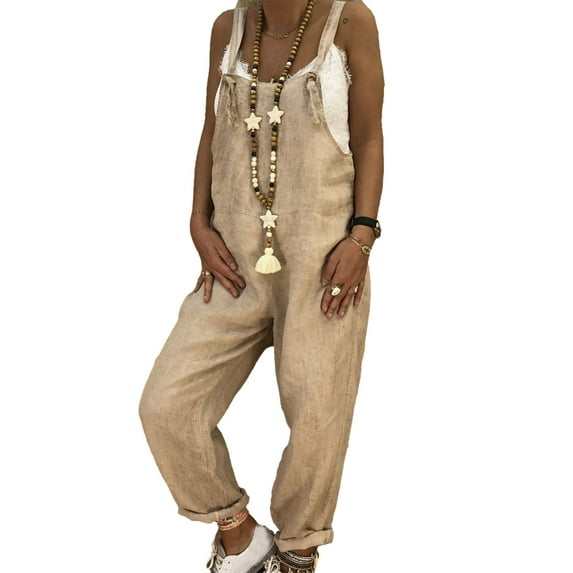 Plus Size Jumpsuits for Women 2023 Holiday Playsuit Summer Boho Spaghetti Straps Ruffle Sleeve High Waisted Long Wide Leg Rompers with Pockets Khaki XL