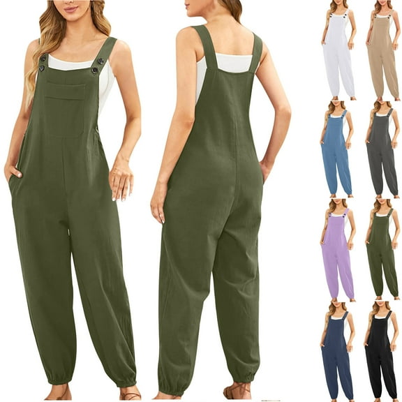 Plus Size Jumpsuits for Women Elegant Fashion and Casual Cold Shoulder Jumpsuit Solid Button Suspender Jumpsuits Wide Pocket Leg Pant Gift for Women 50% off Clearance