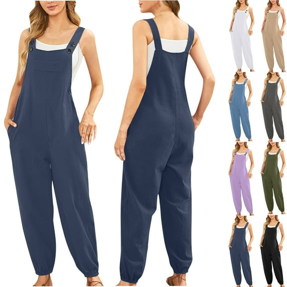 Plus Size Jumpsuits for Women Elegant Fashion and Casual Cold Shoulder Jumpsuit Solid Button Suspender Jumpsuits Wide Pocket Leg Pant Gift for Women 50% off Clearance