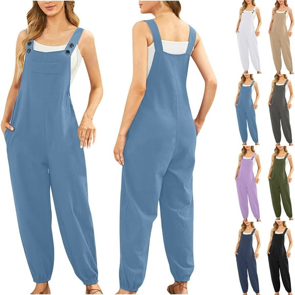 Ausyst Jumpsuits for Women Dressy Casual Fashion Women Casual Cold Shoulder Jumpsuit Solid Button Suspender Jumpsuits Wide Pocket Leg Pant