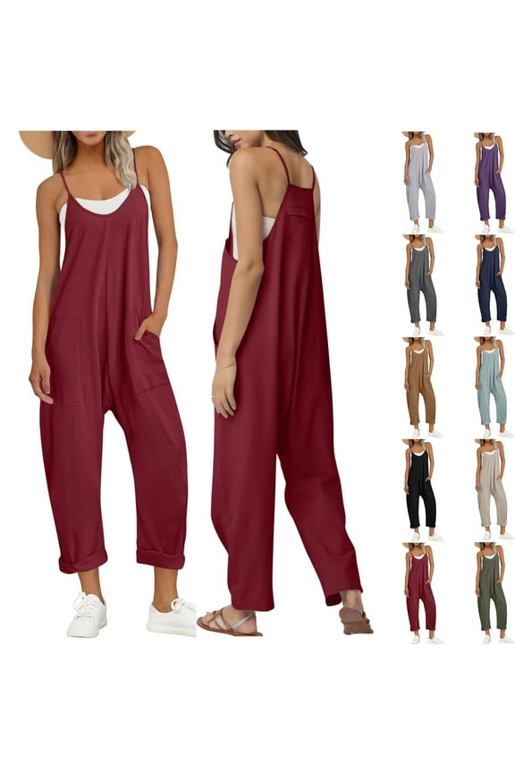 Jumpsuits for Women Dressy Casual Fashion Women Casual Cold Shoulder Jumpsuit Solid Suspender Jumpsuits Wide Pocket Leg Pant