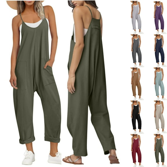 Plus Size Jumpsuits for Women Elegant Fashion and Casual Cold Shoulder Jumpsuit Solid Suspender Jumpsuits Wide Pocket Leg Pant Gift for Women 50% off Clearance