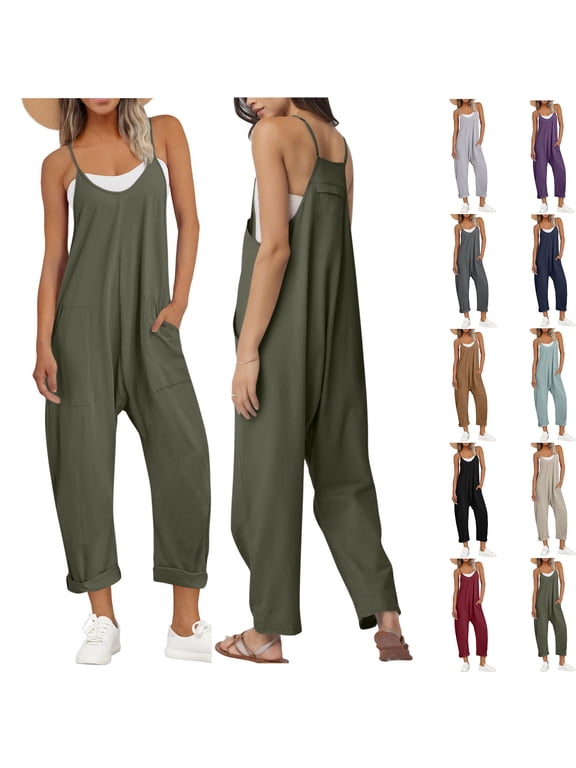 Plus Size Jumpsuits for Women Elegant Fashion and Casual Cold Shoulder Solid Color Suspender Jumpsuits Wide Pocket Leg Pant