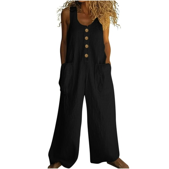 Plus Size Jumpsuits Womens Casual Loose Linen Jumpsuits, One Piece Sleeveless Button Wide Leg Overalls Long Pant Rompers with Pockets Black S