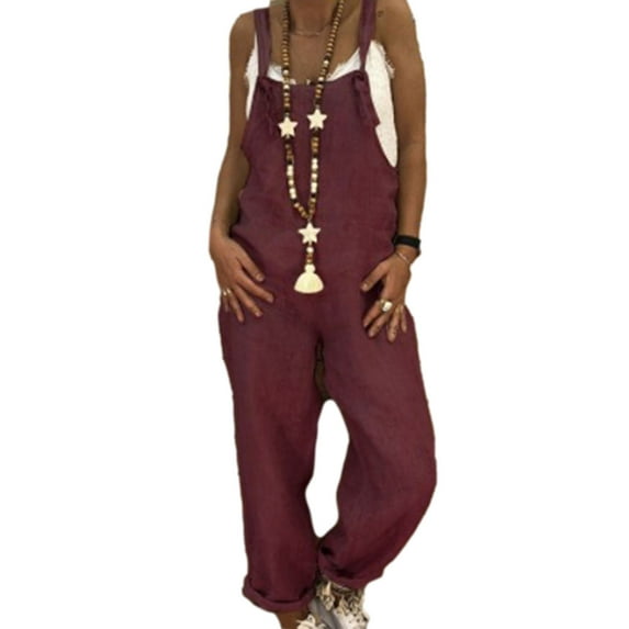 Plus Size Jumpsuits for Women 2023 Holiday Playsuit Summer Boho Spaghetti Straps Ruffle Sleeve High Waisted Long Wide Leg Rompers with Pockets Wine L