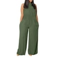 thumbnail image 1 of Plus Size Jumpsuits for Women Dressy Linen Wide Leg Jumpsuit Solid Color Sexy Sleeveless Halter Top Mock Neck Overalls Army Green XXXL, 1 of 5