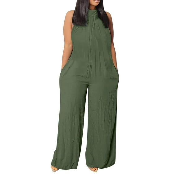 Plus Size Jumpsuits for Women Dressy Linen Wide Leg Jumpsuit Solid Color Sexy Sleeveless Halter Top Mock Neck Overalls Army Green XXXL