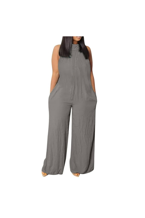 Plus Size Jumpsuits for Women Dressy Linen Wide Leg Jumpsuit Solid Color Sexy Sleeveless Halter Top Mock Neck Overalls Dark Gray XL