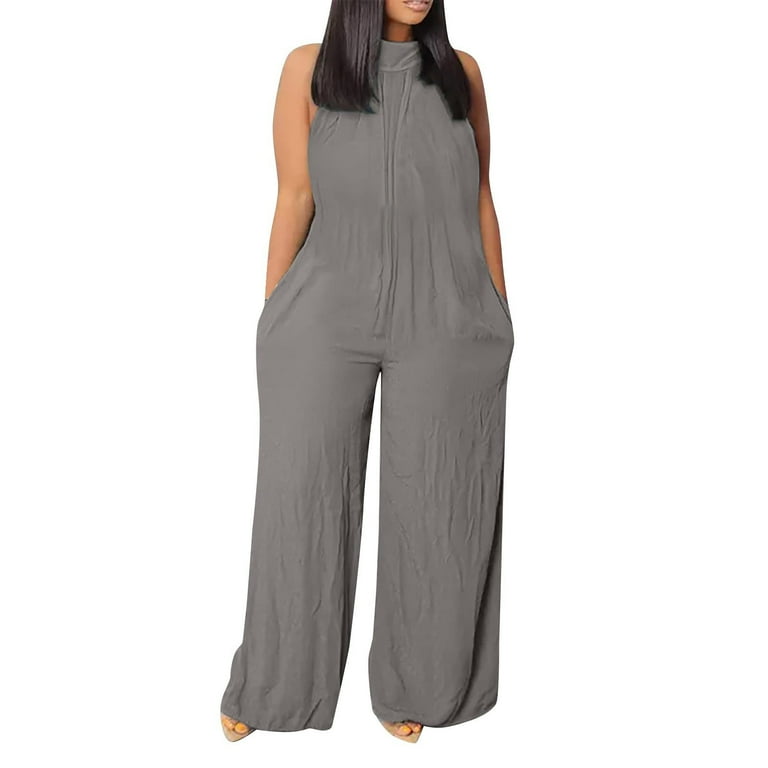 SRSTRAT Plus Size Jumpsuits for Women Dressy Linen Wide Leg Jumpsuit Solid Color Sexy Sleeveless Halter Top Mock Neck Overalls Dark Gray Xxxl Women s Size