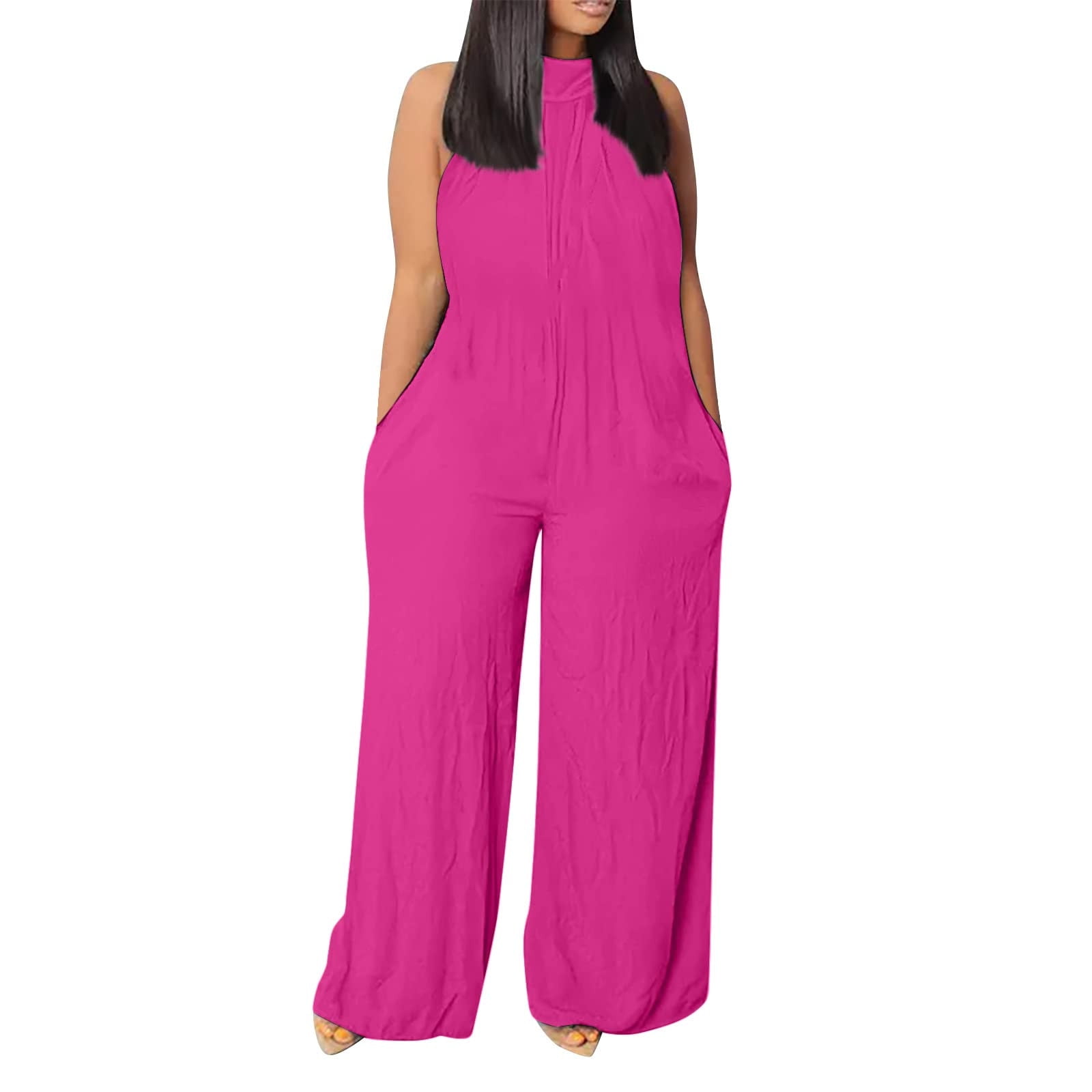Plus Size Jumpsuits for Women Dressy Linen Wide Leg Jumpsuit Solid Color  Sexy Sleeveless Halter Top Mock Neck Overalls Hot Pink XL - Walmart.com, image size:1600x1600