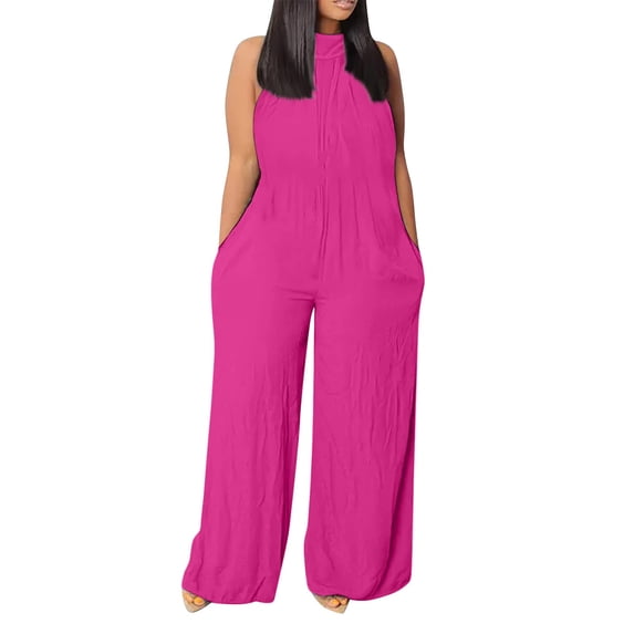 Plus Size Jumpsuits for Women Dressy Linen Wide Leg Jumpsuit Solid Color Sexy Sleeveless Halter Top Mock Neck Overalls Hot Pink XXL