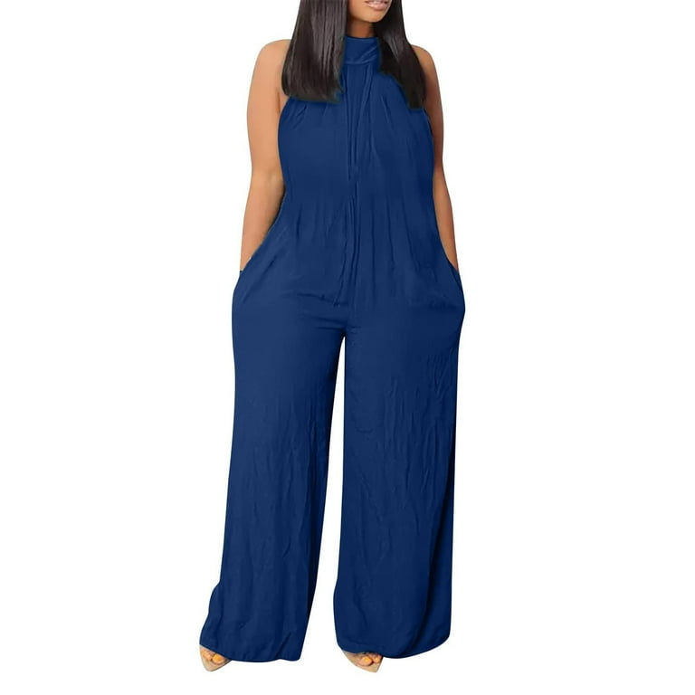 Plus Size Jumpsuits for Women Dressy Linen Wide Leg Jumpsuit Solid Color Sexy Sleeveless Halter Top Mock Neck Overalls Navy M