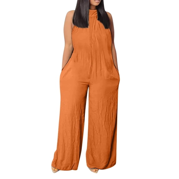 Plus Size Jumpsuits for Women Dressy Linen Wide Leg Jumpsuit Solid Color Sexy Sleeveless Halter Top Mock Neck Overalls Orange M