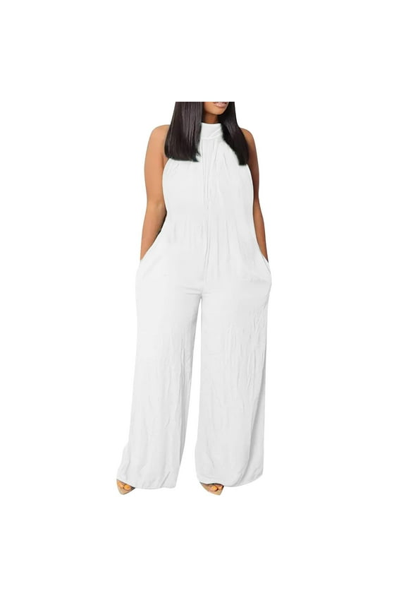 Plus Size Jumpsuits for Women Dressy Linen Wide Leg Jumpsuit Solid Color Sexy Sleeveless Halter Top Mock Neck Overalls White XXL