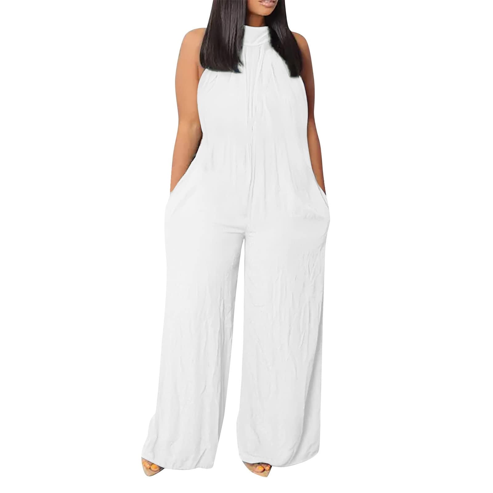 Plus Size Jumpsuits for Women Dressy Linen Wide Leg Jumpsuit Solid Color  Sexy Sleeveless Halter Top Mock Neck Overalls White XXXL - Walmart.com, image size:1600x1600