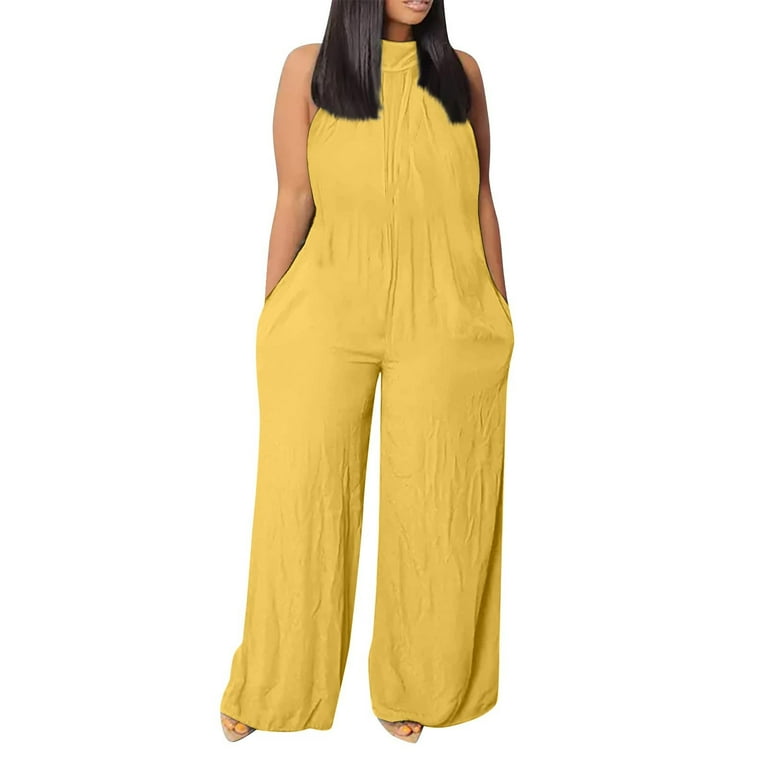 Plus Size Jumpsuits for Women Dressy Linen Wide Leg Jumpsuit Solid Color Sexy Sleeveless Halter Top Mock Neck Overalls Yellow XXL Walmart