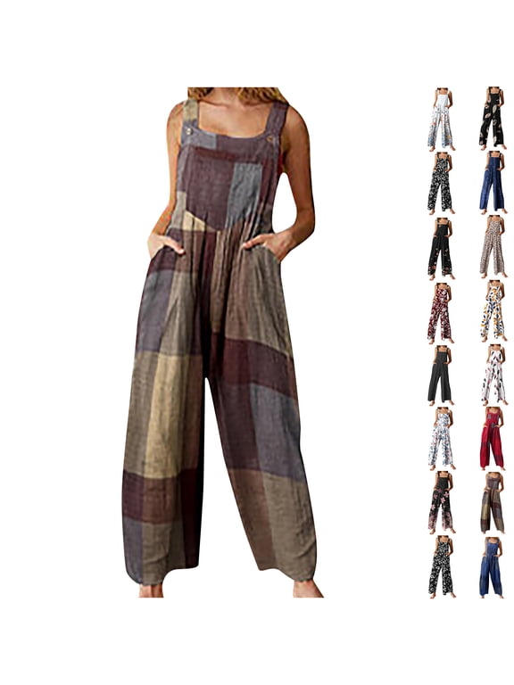 Plus Size Jumpsuits for Women Elegant Fashion Ethnic Style Patchwork Vintage Printed Buttons Suspender Jumpsuit Gift for Women