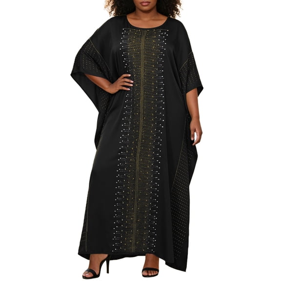 Plus Size Kaftan Dress for Women Round Neck Batwing Sleeve Loose Maxi Dress With Sequins Beads Black