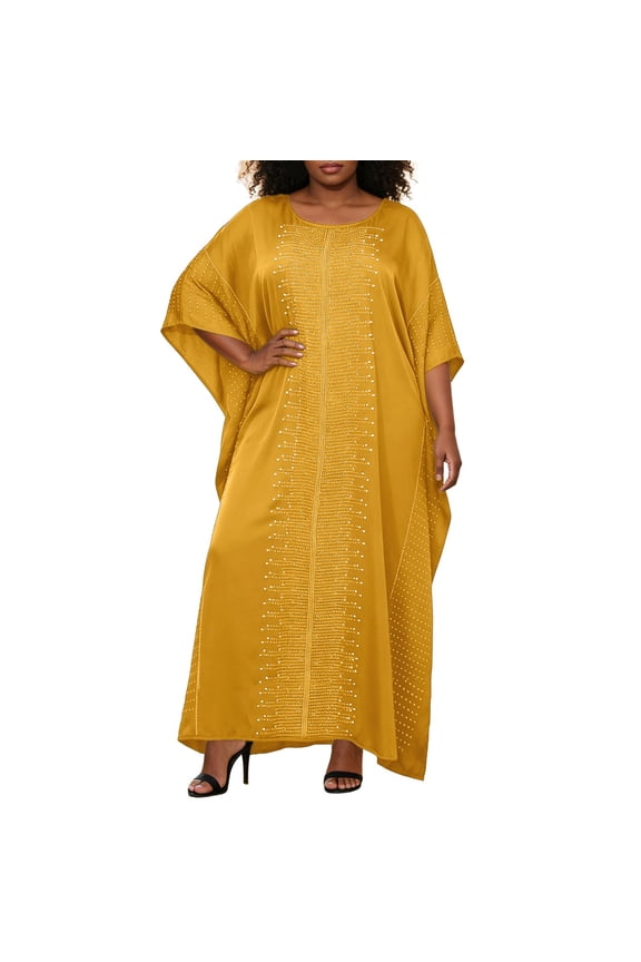 Plus Size Kaftan Dress for Women Round Neck Batwing Sleeve Loose Maxi Dress With Sequins Beads Yellow