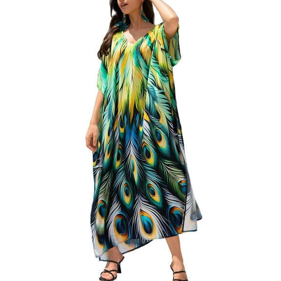 Plus Size Kaftan Dresses for Women Bathing Suit Cover Up V-Neck Caftan Loose Long Maxi Beach Dress Loose Loungewear