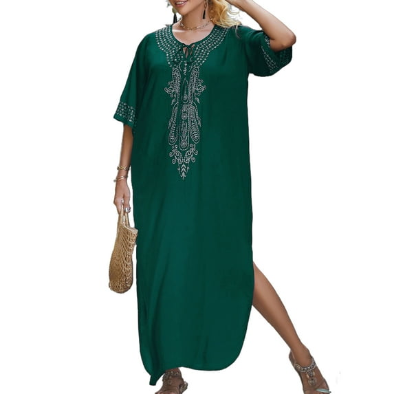 Plus Size Kaftan Dresses for Women Beach Caftan Loungewear Mexican Embroidered Dress Long Beach Tunic Summer Elegant Vacation Outfit Long Sleeve Robe