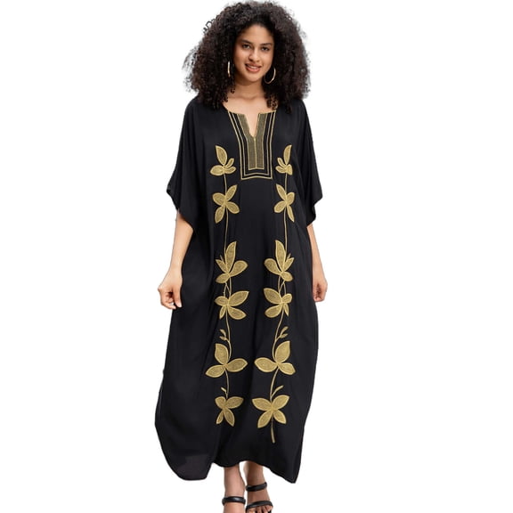 Plus Size Kaftan Dresses for Women Beach Caftan Loungewear Mexican Embroidered Dress Long Beach Tunic Summer Elegant Vacation Outfit Long Sleeve Robe