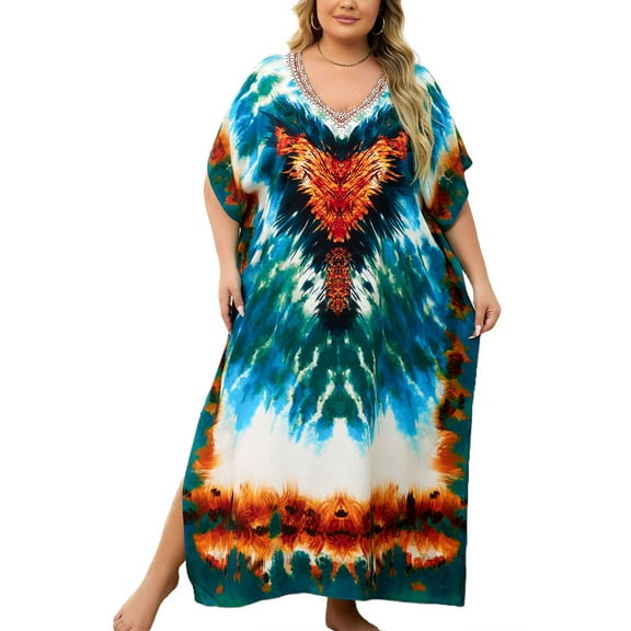 Plus Size Kaftan Dresses for Women Maxi Beach Dress Loungewear Batwing Sleeve Caftans Long Bathing Suit Cover Up moomoo Dress