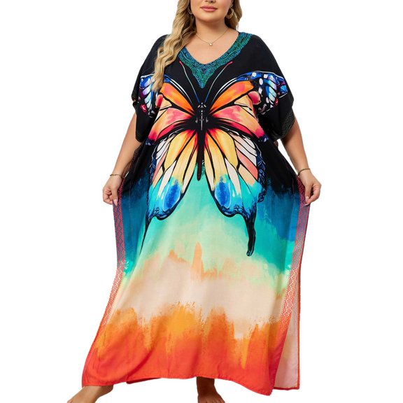 Plus Size Kaftan Dresses for Women Maxi Beach Dress Loungewear Batwing Sleeve Caftans Long Bathing Suit Cover Up moomoo Dress