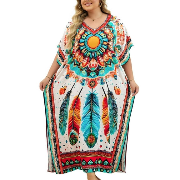 Plus Size Kaftan Dresses for Women Maxi Beach Dress Loungewear Batwing Sleeve Caftans Long Bathing Suit Cover Up moomoo Dress