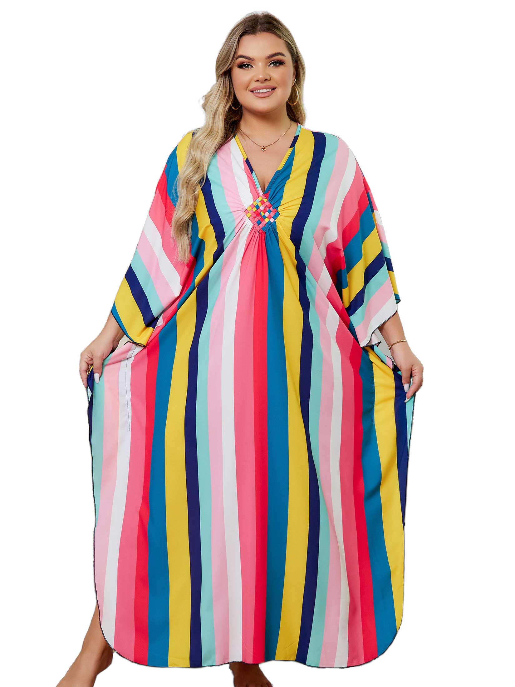 Light Peach Embroidered Satin Kaftan for Women Plus Size Resort Wear
