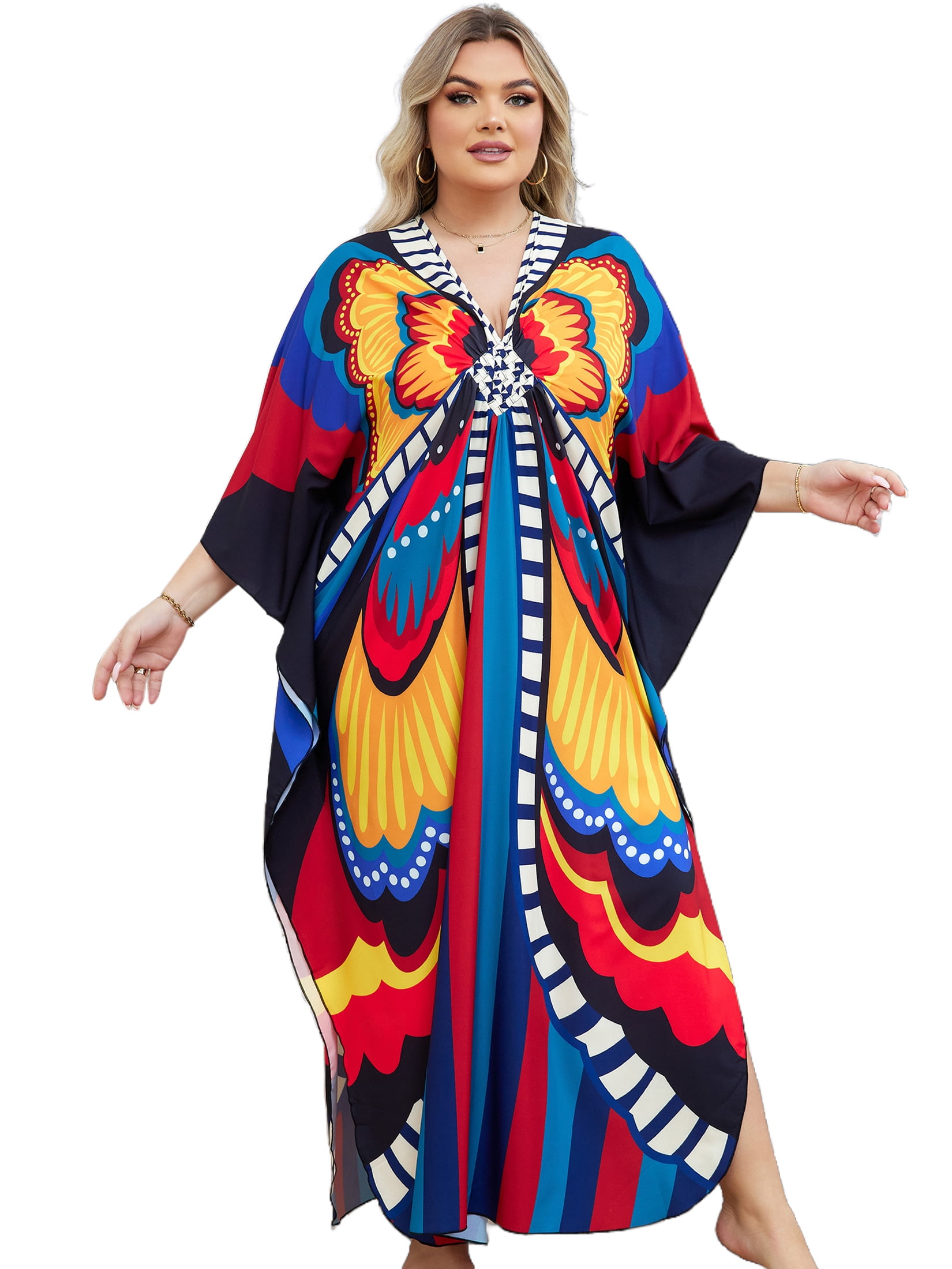Multicolor Geometric Print Polyester Resort Kaftan For Plus Size Women
