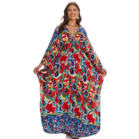 Plus Size Kaftans for Women Printed Maxi Beach Dress Woven V-neck Caftan Tunic Summer Resort Wear Loose House Dress Oversized Muumuu Dresses Middle Eastern Abaya