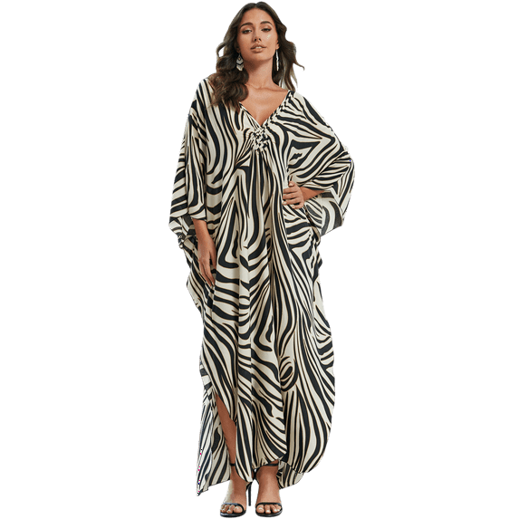 Plus Size Kaftans for Women Printed Maxi Beach Dress Woven V-neck Caftan Tunic Summer Resort Wear Loose House Dress Oversized Muumuu Dresses Middle Eastern Abaya
