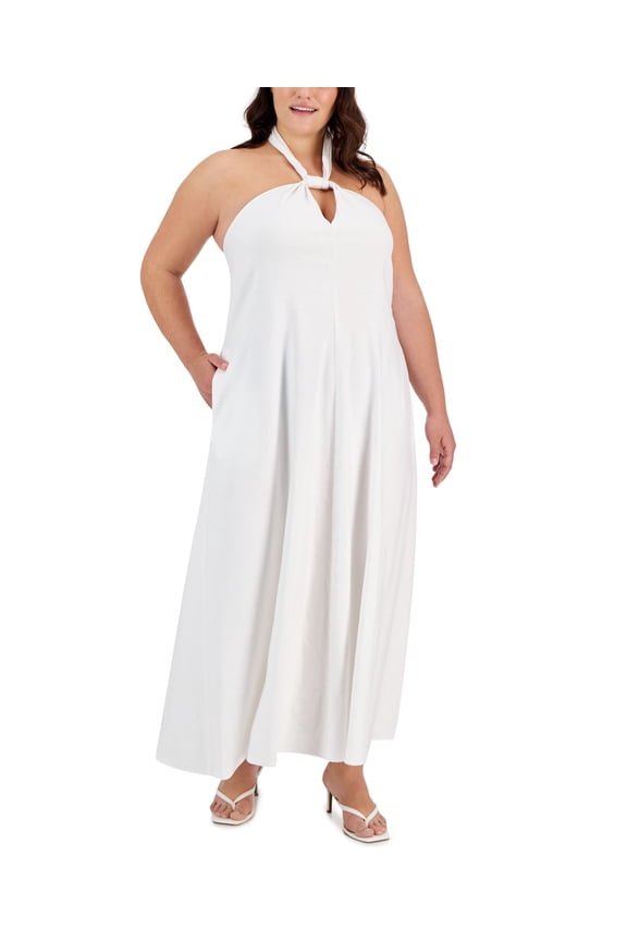Plus Size Keyhole Halter-Neck Maxi Dress Bright White 4X