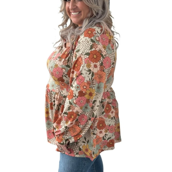Plus Size Khaki Floral Square Neck Peplum Blouse - [ZhiHiMeRi] | (US 14W-16W)1X