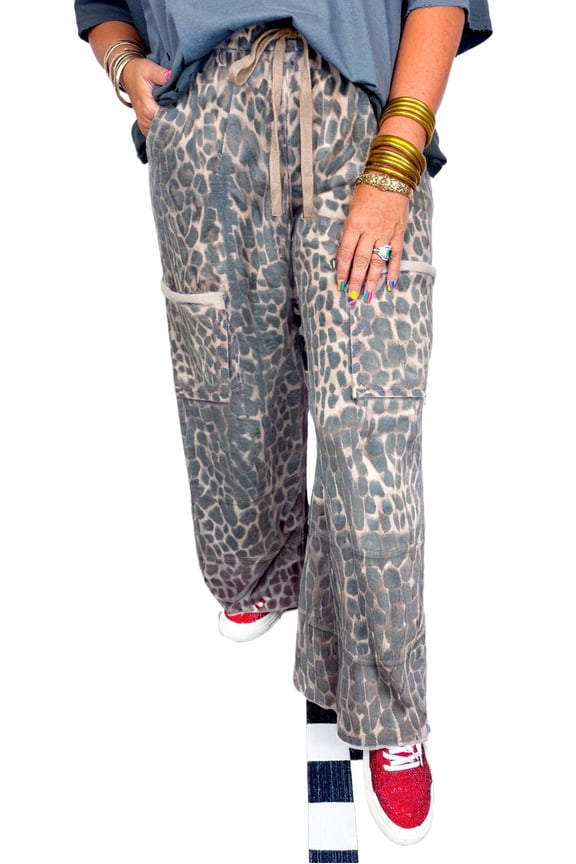Plus Size Khaki Leopard Loose Pants with Drawstring – Fall Western Style | 3X