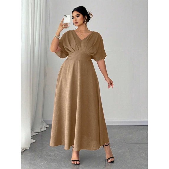 Plus Size Khaki V-Neck Short Sleeve Casual Midi Dress