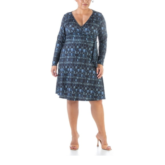 Plus Size Knee Length Faux Wrap Dress Blue/Black Multi 3X