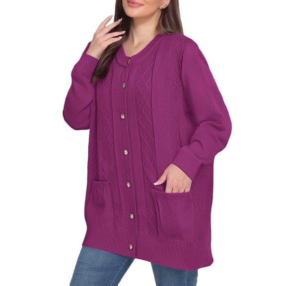 Plus Size Knit Button Cardigan for Elderly Women and Middle Aged Moms, Cozy Open Front Sweater with Soft Comfort Fit, Warm Casual Outerwear for Daily Wear in Fall, Winter and Spring Seasons Purple XL