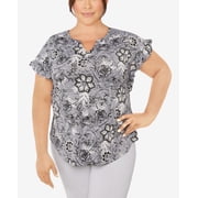 Plus Size Knit Floral Puff Print Top Black Multi 2X