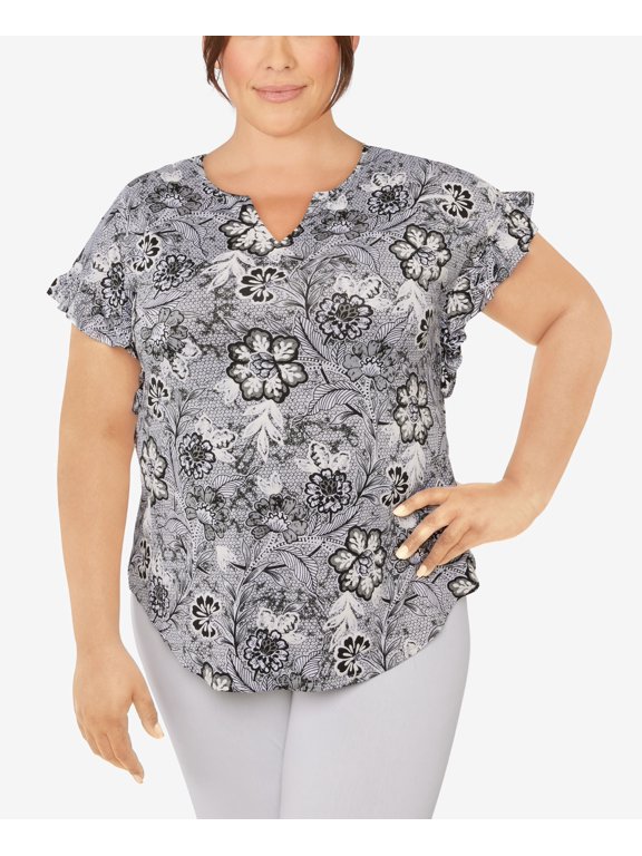 Plus Size Knit Floral Puff Print Top Black Multi 2X