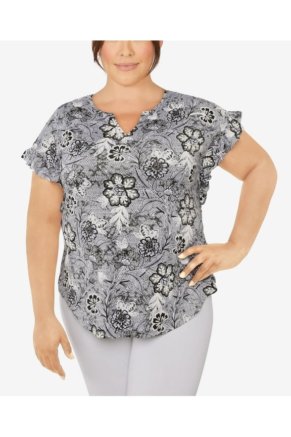 Plus Size Knit Floral Puff Print Top Black Multi 2X