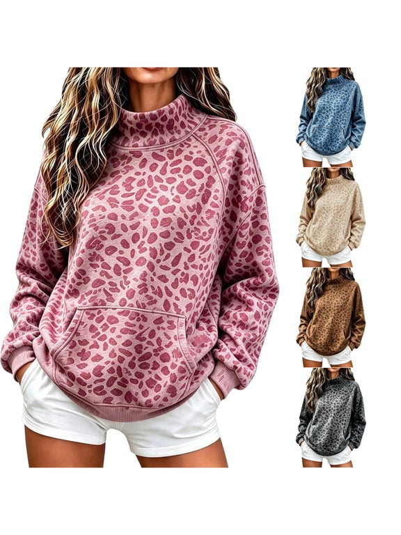 Plus Size Knit Leopard Print High Neck Top for Everyday and Travel Patterned Long Sleeve Blouse in Winter Ready Elegant Statement Piece S